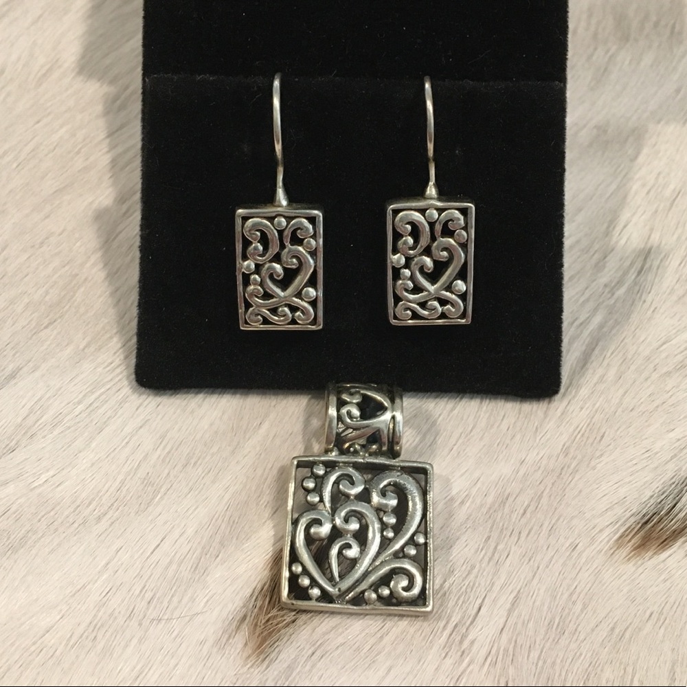 Vintage Set, SS Heart Filagree Pendant/Earrings